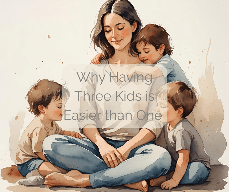 A mother sitting peacefully with her three young children gathered around her, illustrating the emotional ease and connection of parenting multiple kids