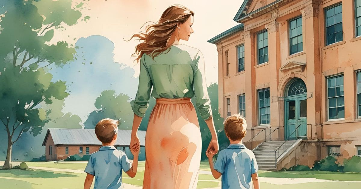 Watercolor illustration of a mother walking hand in hand with her two young children toward a vintage schoolhouse.
