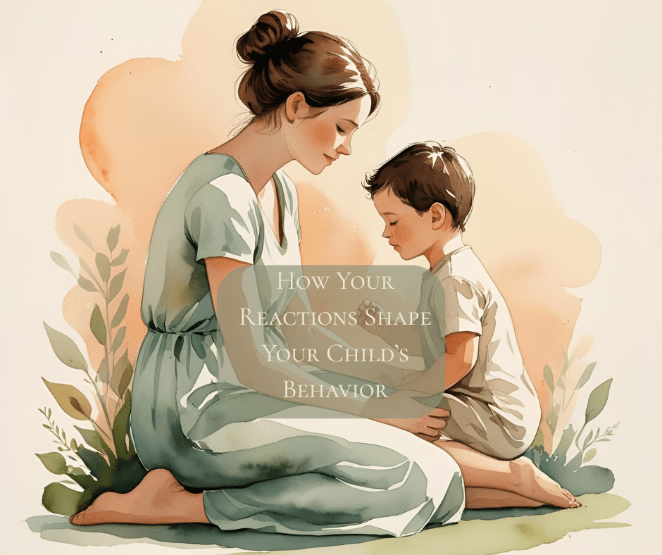 Watercolor illustration of a calm mother kneeling in front of her young son, representing emotional regulation and connected parenting