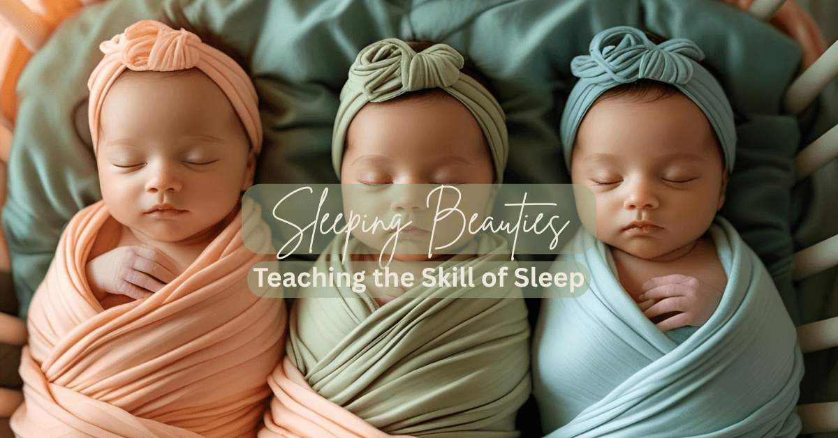 Three swaddled newborn babies peacefully sleeping, each wrapped in pastel-colored blankets with matching headbands.