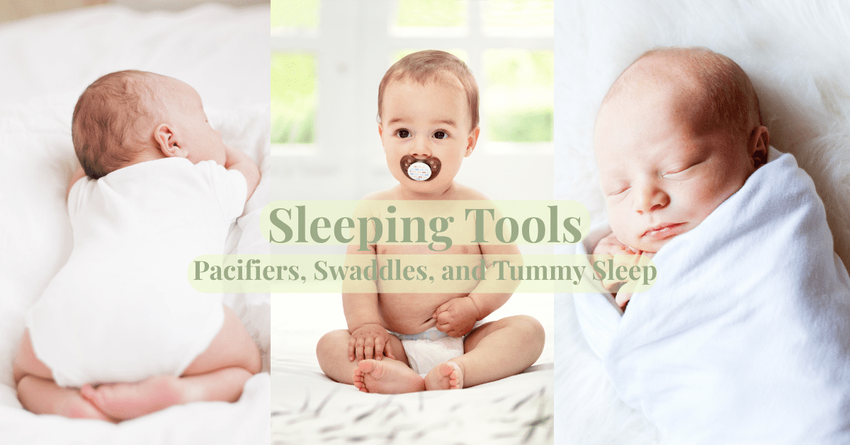 Three images of infants: one sleeping on their tummy, one sitting with a pacifier, and one swaddled and resting peacefully.