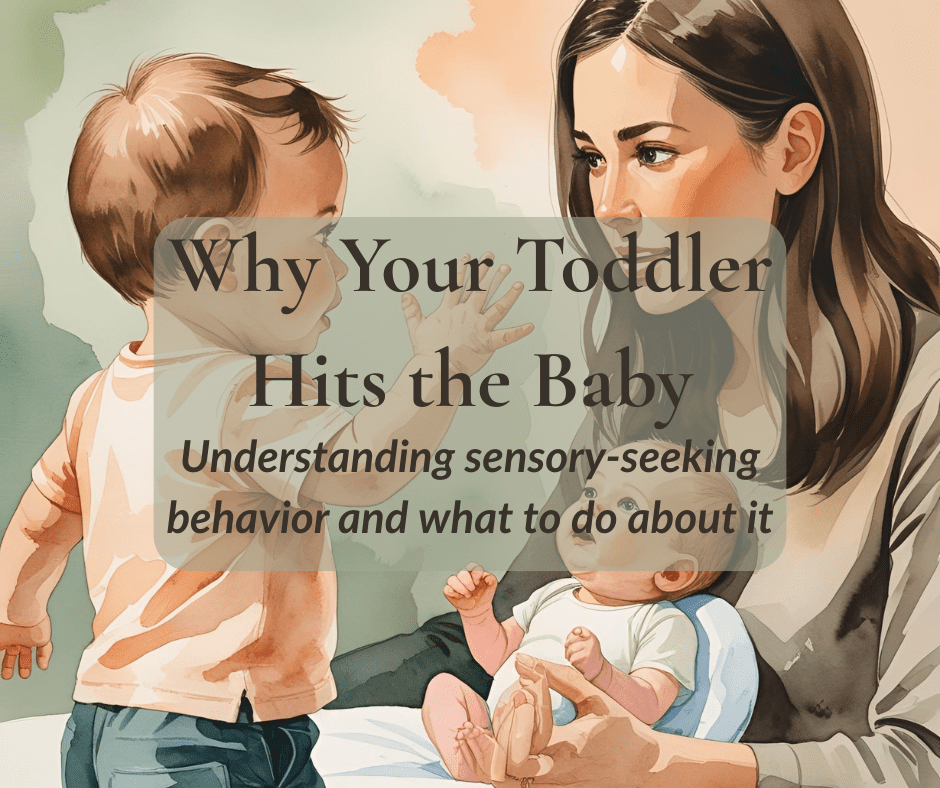 A toddler reaching toward a baby while a calm mother gently intervenes, illustrating sensory-seeking behavior and parental co-regulation