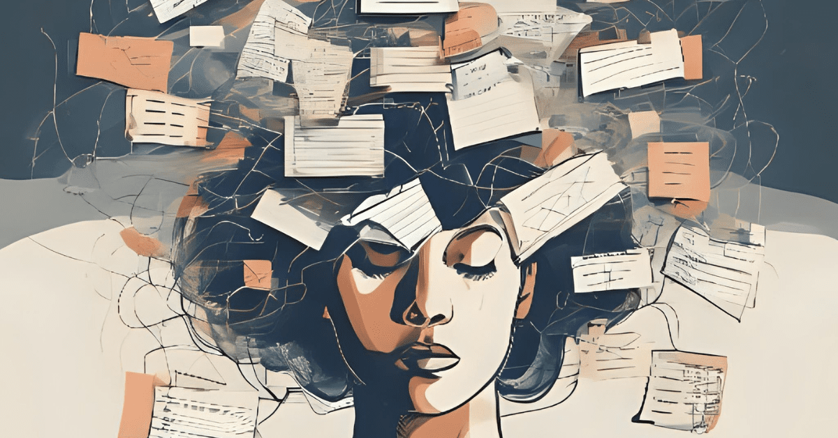 Abstract illustration of a woman with eyes closed, surrounded by scattered index cards and tangled lines, representing mental overload and executive dysfunction in adult ADHD.
