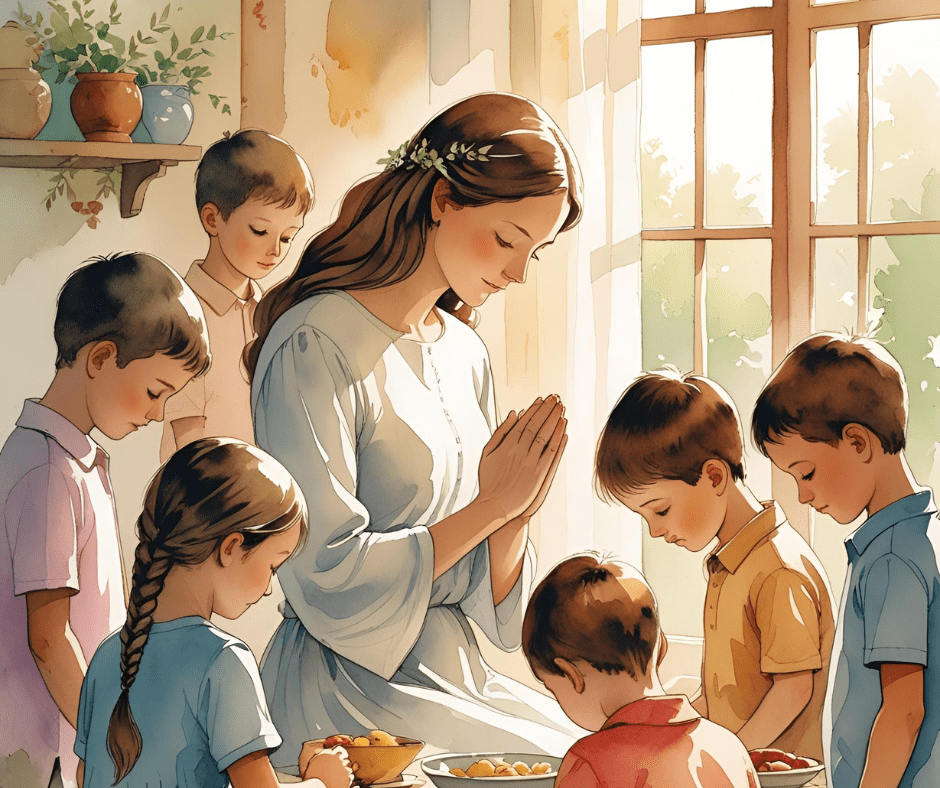 A mother and her children bow their heads in prayer around a table, giving thanks before a meal in a sunlit kitchen—illustrating faith and gratitude in everyday family life.