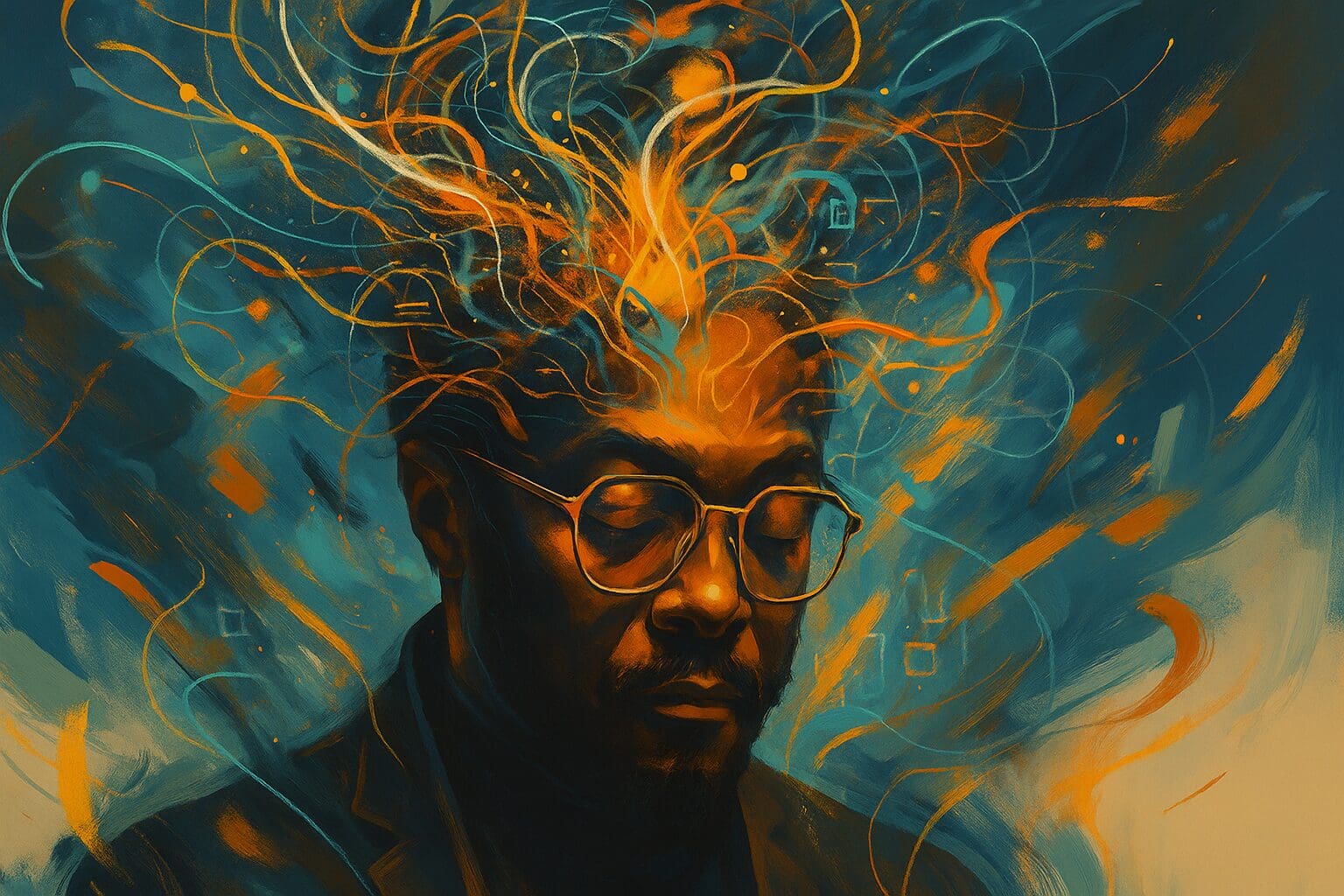 Abstract digital portrait of a man resembling Will.i.am with glowing conceptual patterns around his head, representing a hyper-creative and neurodivergent mind.