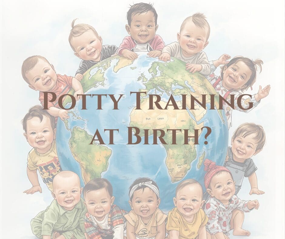 Illustration of diverse babies sitting around a globe with the words “Potty Training at Birth?” symbolizing cultural approaches to potty learning and elimination communication.