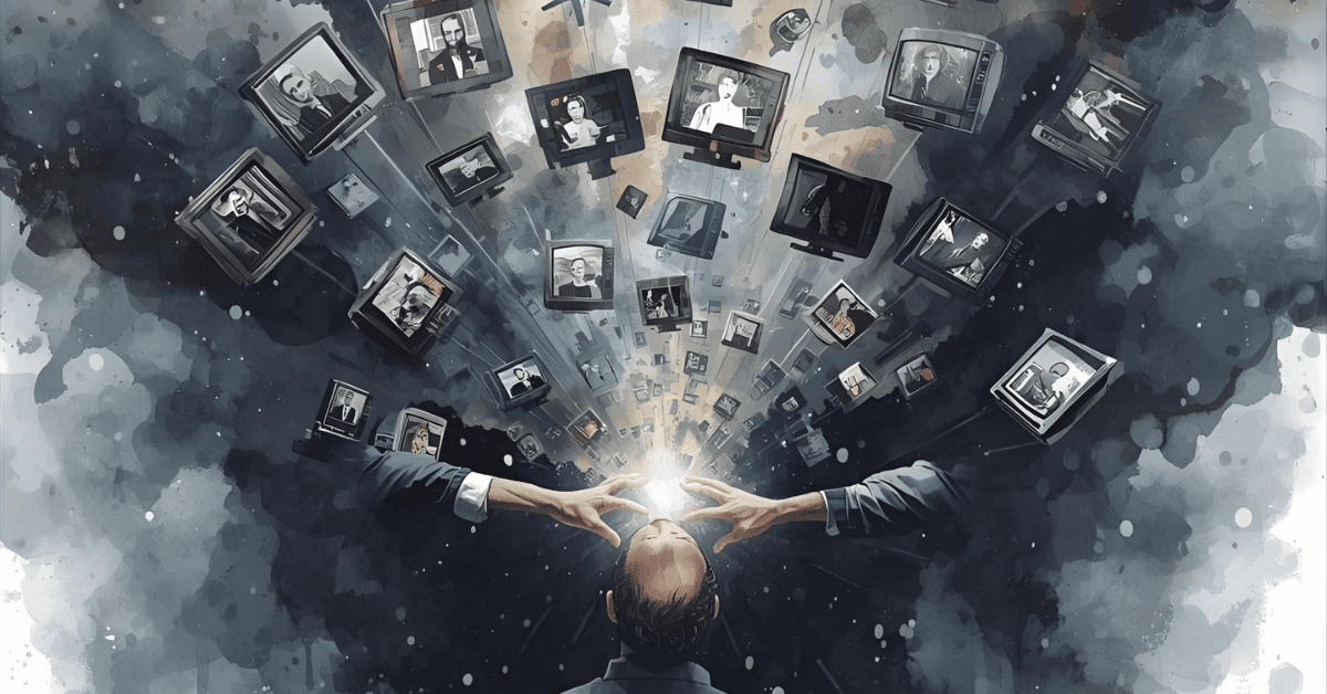 A person overwhelmed by glowing TV screens and media images, symbolizing information overload and the spread of propaganda.
